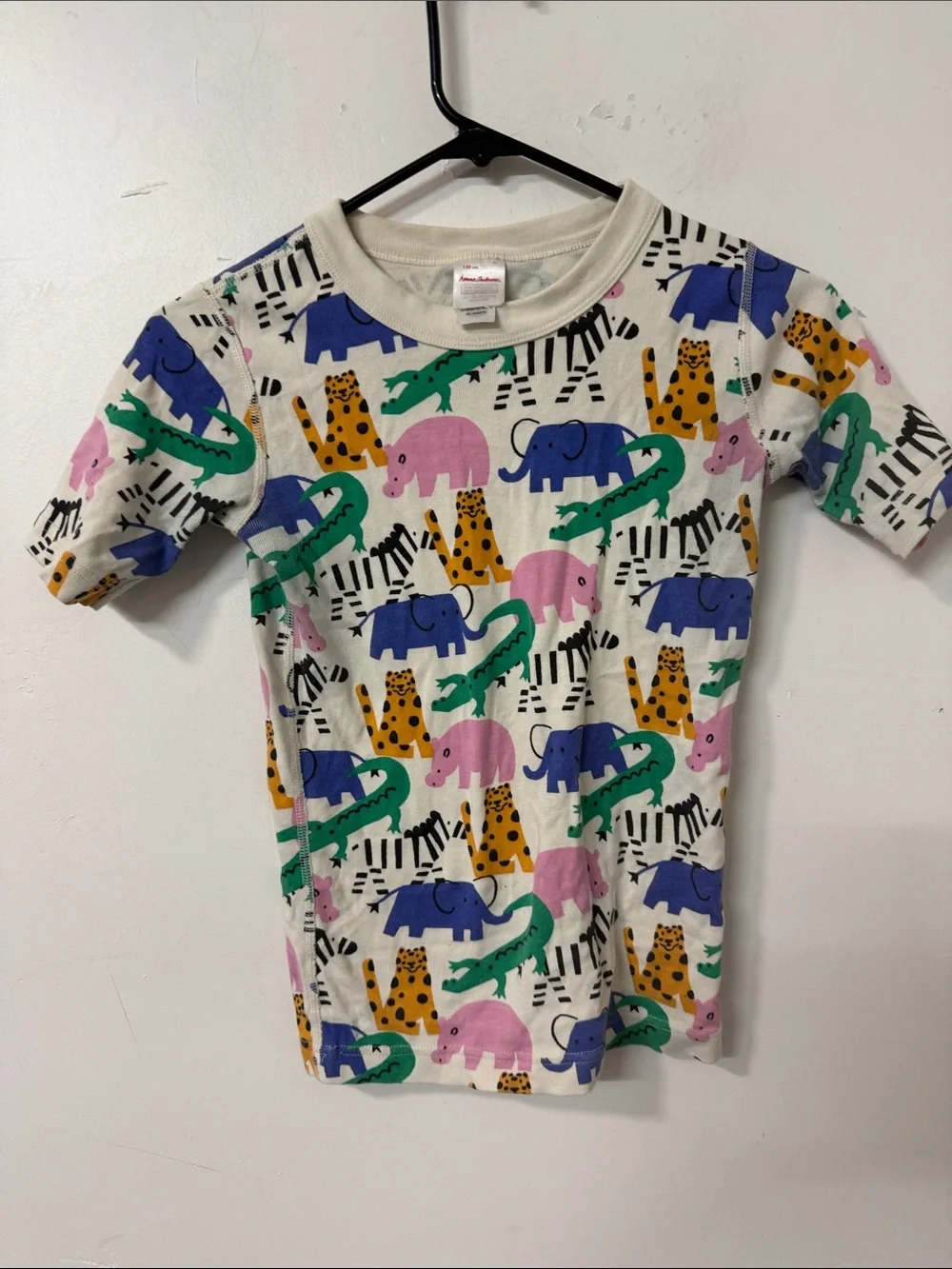 Hanna Andersson White Tee with Blue, Pink, Green & Yellow Animal Print